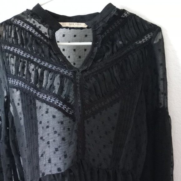 Zara Basic Women's dotted Sheer Blouse with Lace Black size Small - Picture 4 of 10